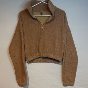EUC ZAFUL Women's Half Zip Faux Fur Cropped Sweatshirt, Light Brown, Size M